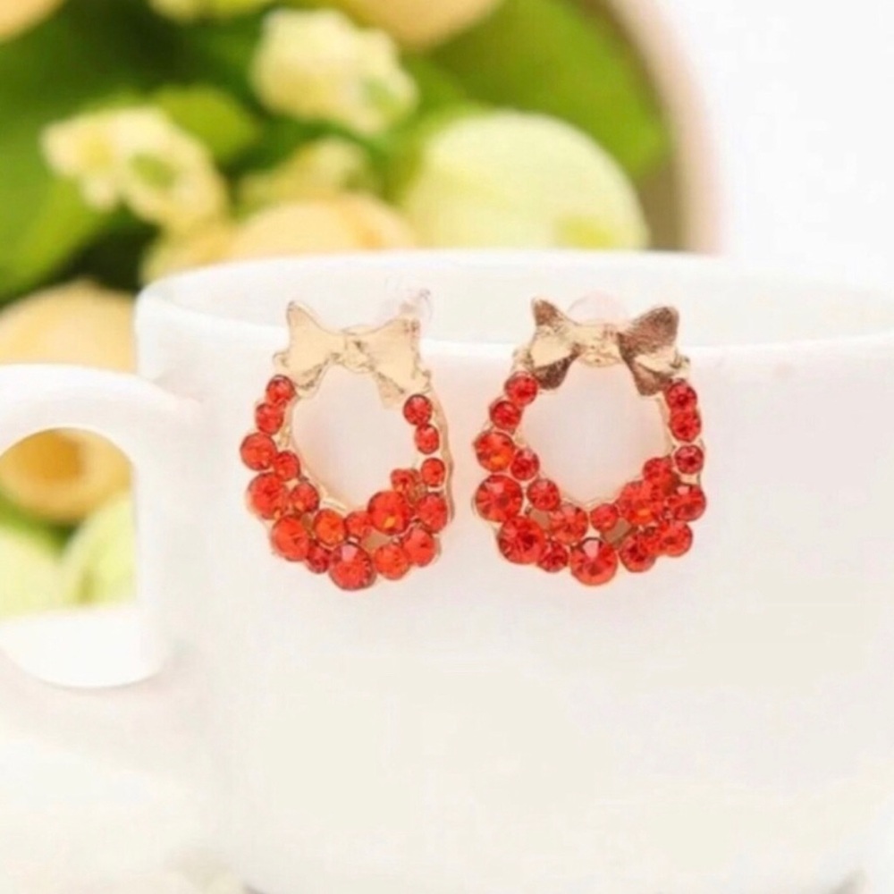 Red Crystal Wreath Stud Earrings with Bow Accent